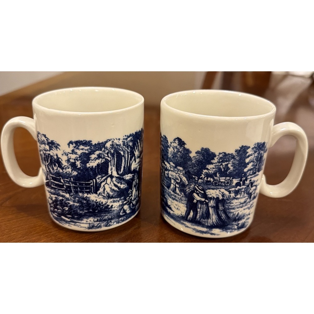 Vintage Churchill England Set of 2 Cups Mugs Blue White Currier & Ives